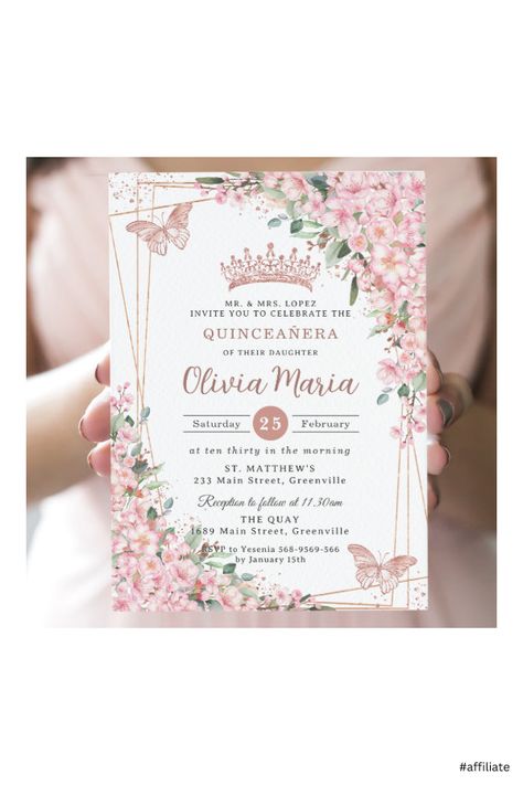 Butterfly Sweet 16, Rose Gold Quinceanera, Invitations Quinceanera, Elegant Birthday Invitations, Rose Gold Princess, Butterfly Invitations, Floral Birthday Invitations, Rose Gold Crown, Rose Gold Butterfly