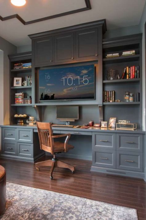 Built In Desks, Office Built Ins, Bilik Idaman, Kabinet Dapur, Small Home Offices, Office Remodel, Blue Office, Home Library Design, Built In Desk