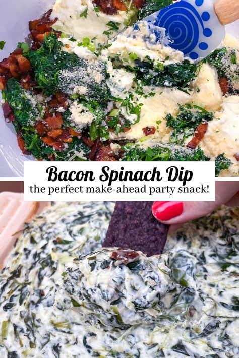 The ultimate make-ahead party dip! Spinach Bacon Dip, Bacon Spinach Dip, Spinach Dip Recipe, Bacon Dip, Party Dip, Party Dips, Twice Baked Potatoes, Spinach Dip, Frozen Spinach