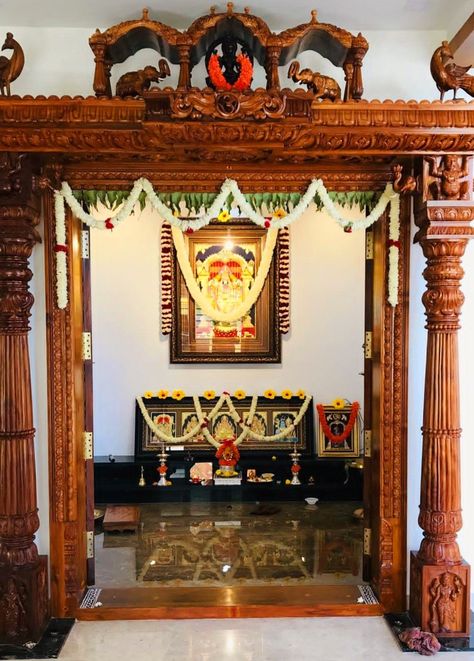 Devudu Photos, Traditional Pooja Room, Totti Mane, House Temple, Wooden Temple For Home, Temple Room, Pooja Door Design, House Main Door Design, House Outer Design