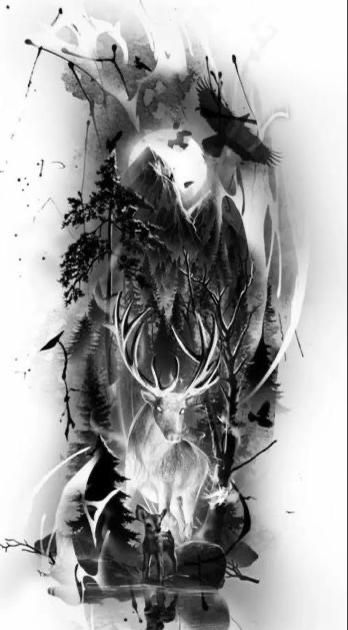 Native American Half Sleeve Tattoo, Dark Forest Tattoo Design, Black And White Tattoos For Men, Inner Bicep Tattoo Men Ideas Design, Dark Wolf Tattoo, Stag Tattoo Design, Hirsch Tattoo Frau, Kurt Tattoo, Forest Forearm Tattoo