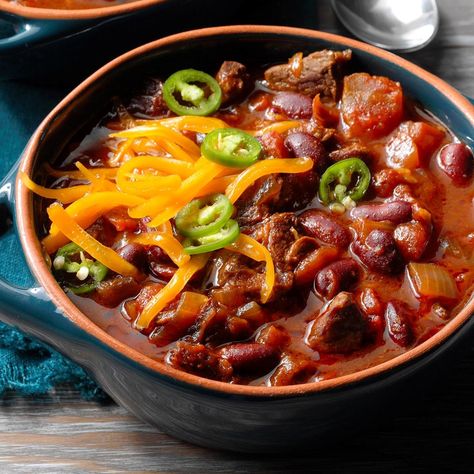 Toasting the peppers for this chili releases their earthy flavors – but do wear gloves when handling dried peppers and seeds. — Rachel Sprinkel, Hilo, Hawaii Spicy Beef Chili Recipe, Hot Chili Recipe, Cowboy Chili Recipe, October Dinner, Mac Recipes, Cowboy Chili, Spicy Chili Recipe, Super Bowl Food Healthy, Beef Chili Recipe