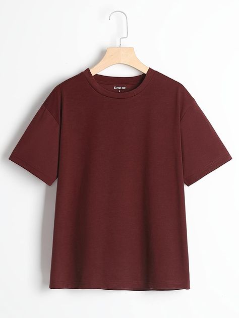 Burgundy Basics  Short Sleeve Polyester Plain  Embellished Slight Stretch Summer Women Tops, Blouses & Tee Classic Mens Haircut, Plain Tee Shirts, Gilmore Girls Outfits, Tee Shirt Outfit, Fall Capsule Wardrobe, Plain Tees, Round Neck Tees, Simple Shirts