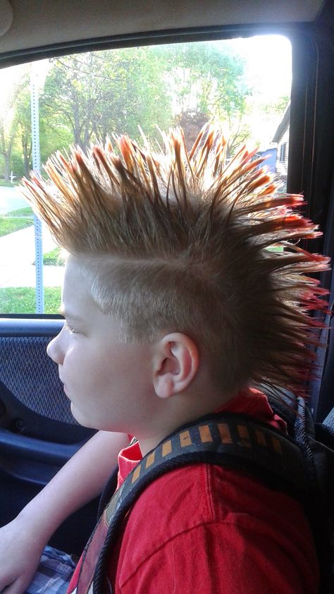 Son's new haircut, double mohawk Double Mohawk, Mohawk Fruit Head, Types Of Mohawks, Mohawk With Sideburns, Mohawk Unstyled, Kids Mow Hawks, Mohawk Hairstyles Men, Mohawk Haircut, Hairstyles Men