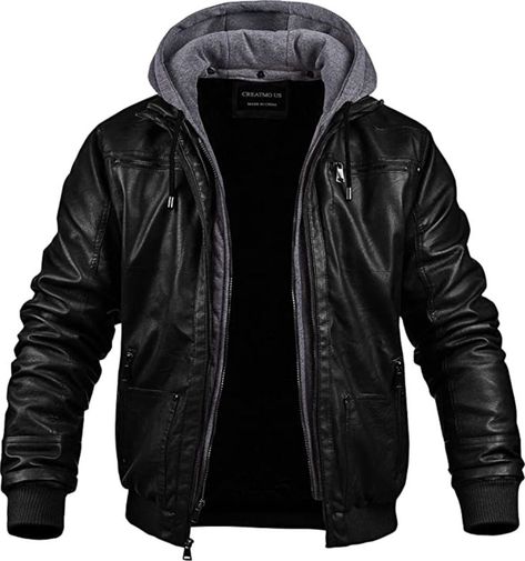 Men's Faux Leather Jacket Motorcycle Jacket Waterproof Windproof PU Moto Outerwear Vintage Bomber Hoodie with Removable Hood Leather Jacket Hoodie, Faux Leather Jacket Men, Leather Hoodie, Classic Leather Jacket, Leather Jacket With Hood, Riding Jacket, Knitted Hood, Biker Leather, Jacket With Hood