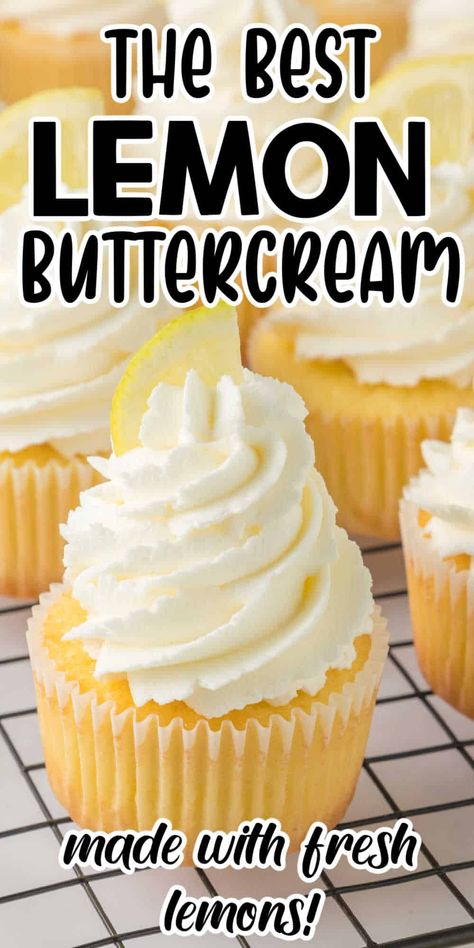 This Lemon Buttercream Frosting is a smooth, sweet and tangy homemade buttercream frosting that is perfect for frosting cupcakes, frosting cakes and fillings! Light Lemon Frosting, Frosting For Lemon Cake, Lemon Frosting Recipe, Lemon Cake Frosting, Lemon Frosting Recipes, Lemon Buttercream Icing, Whipped Buttercream Frosting, Lemon Delight, Cupcake Frosting Recipes