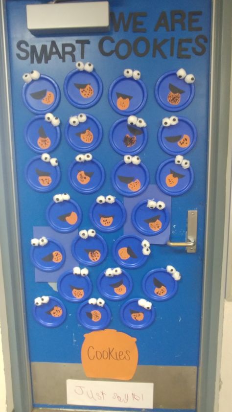 Cookie Monster - K Red Ribbon Week Kindergarten Classroom Doors Ideas, Tk Door Decoration, Teacher Door Ideas Back To School, Bulletin Board Preschool Ideas, Cookie Monster Classroom Door, Gumball Door Decoration, Cookie Monster Classroom Theme, Cookie Monster Bulletin Board, Red Ribbon Week Door Decorating Kindergarten