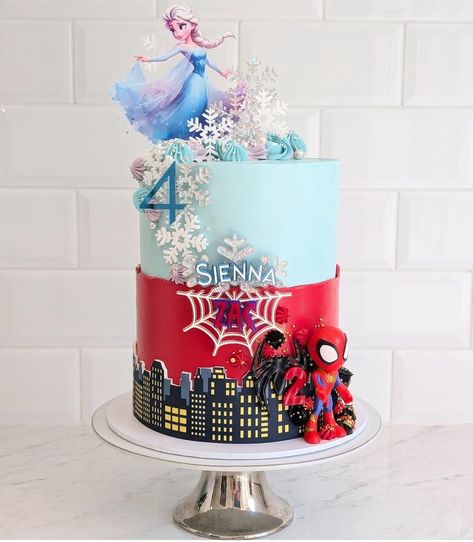 Half Frozen and Half Spider-Man @treats_by_the_beach can surely bring any and all themes to life and this split theme bake is a favourite. When I saw the custom request come through - I immediately knew what I wanted to create for this cake ! Half a snowflake and half a spidey web joining at the centre with their names !!! I absolutely adore creating for Jess she gives me her full trust and allows me to give it my all - each time is a suprise for her 🫶🏻 Frozen And Spiderman Cake, Elsa Spiderman Cake, Elsa And Spiderman Cake, Half Frozen Half Spiderman Cake, Spiderman And Friends Cake, Spider Man And Friends Birthday Cake, Spidey Cake, Spider Man Cake, Elsa Birthday