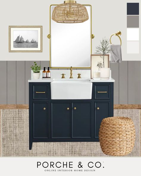 Navy Vanity Bathroom, Bathroom Navy, Modern Organic Bathroom, Style Color Palette, Bathroom Mood Board, Organic Bathroom, Powder Room Renovation, Modern Classic Home, Different Home Decor Styles