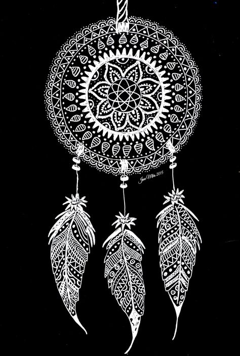 Dreamcatcher (white on black) Dream Catcher Mandala Art, Mandala Art On Black Paper, White Mandala On Black Paper, Zentangle Dreamcatcher, Dream Catcher Aesthetic Wallpaper, Dream Catcher Pictures, Dream Catcher Wallpaper Backgrounds, Doodle Dream Catcher, White Dreamcatcher