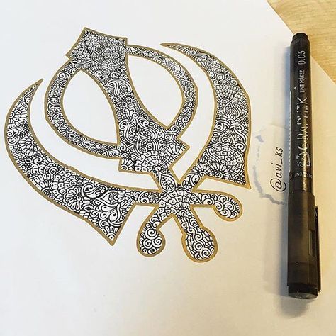 wow check out this beautiful Sikh #khanda design by @avi_ks Easy Mandala Drawing, Zentangle Tutorial, Boho Art Drawings, Canvas Art Projects, Simple Mandala, Waheguru Ji, Art Drawings Sketches Pencil, Religious Symbols, Mandala Design Art