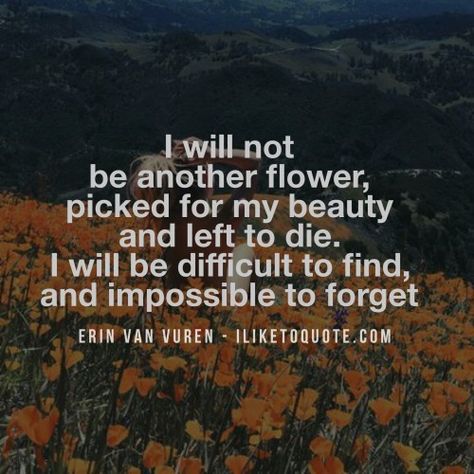 "I will not be another flower picked for my beauty and left to die. I will be difficult to find, and impossible to forget." ~Erin Van Vuren Flower Quote Tattoo, Flower Quote, Tattoo Quote, Quote Tattoo, Flower Picks, Single Quotes, Life Quotes Love, Video Games For Kids, My Beauty