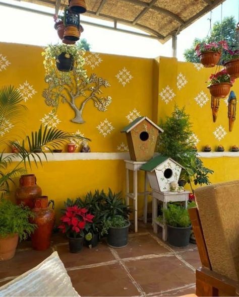 Balcony Painting Ideas, Indian Wall Painting, Small Corner Decor, Stenciled Walls, Wall Decor Indian, Macrame Hanging Shelf, Indian Wall Decor, Yellow Wall Decor, Indian Wall Art