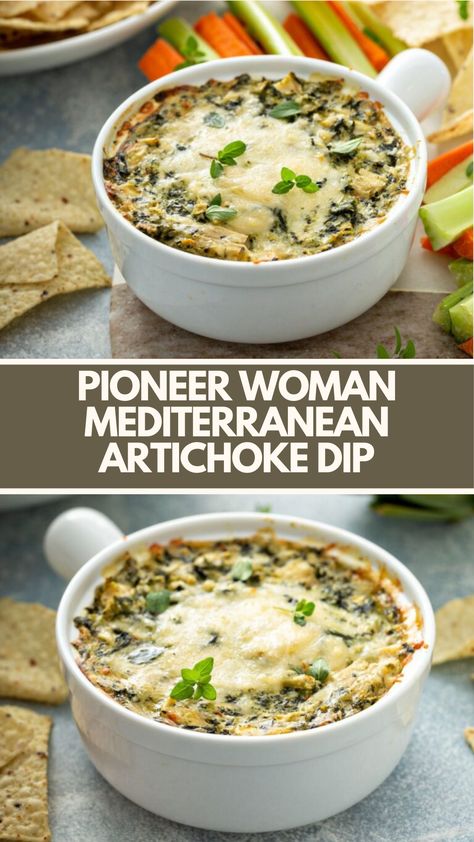 Pioneer Woman’s Mediterranean Artichoke Dip is made with artichokes, mayonnaise, hummus, feta, olives, pimientos, sour cream, fresh parsley, garlic, Monterey Jack cheese, Parmesan cheese, salt, and black pepper creating a creamy and cheesy dip that ready in just 35 minutes! Artichoke And Olive Dip, Pioneer Woman Mediterranean Artichoke Dip, Pioneer Woman Spinach Artichoke Dip, Pioneer Woman Artichoke Dip, Artichoke Feta Dip, Artichoke Olive Dip, Mediterranean Artichoke Dip, Mediterranean Dip Recipes, Mediterranean Dips