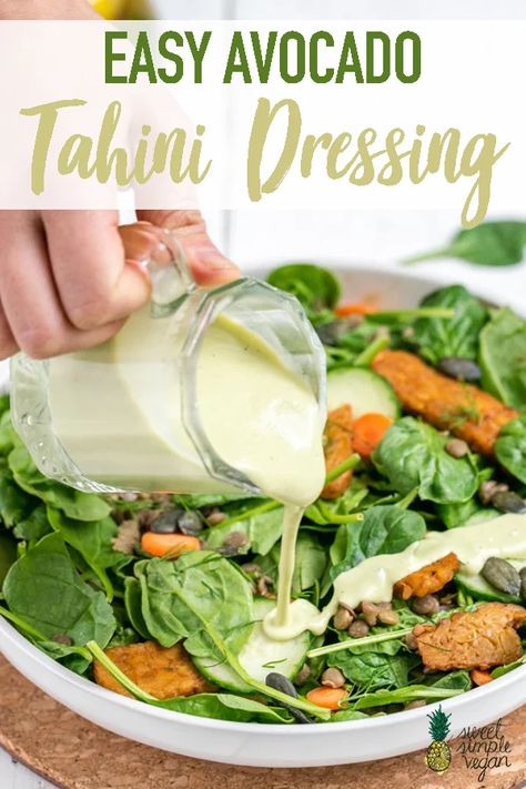 Avocado Tahini Sauce, Avocado Tahini Dressing, Avocado Dressing Recipe, Tahini Salad Dressing, Dressing Healthy, Vegan Sauce, Creamy Avocado Dressing, Man Recipes, Healthy Dressing