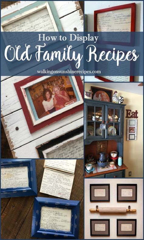 A fun project to display old family recipes is by framing them and use them as kitchen art for your home from Walking on Sunshine. Recipe Display Ideas, Diy Kitchen Gifts, Old Family Recipes, Framed Recipes, Family Recipe Book, Decor Ikea, Kitchen Decor Modern, Bathroom Design Decor, Family Recipe