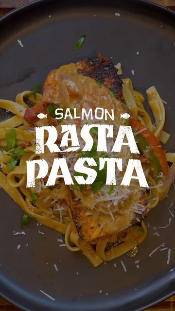 Recipe With Salmon, Rasta Pasta Recipe, Rasta Pasta, Salmon Filets, Veggie Broth, Fettuccine Pasta, Salmon Pasta, Jamaican Jerk, Green Bell Pepper