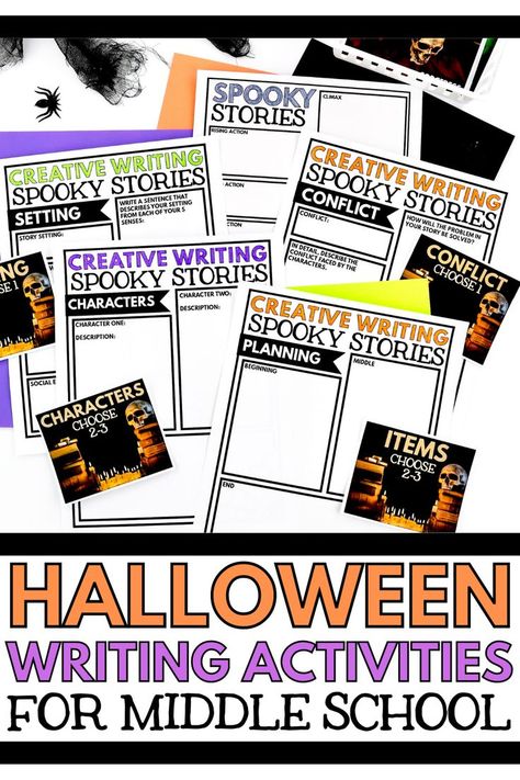 Writing Activities For Middle School, Halloween Creative Writing, Halloween Lesson Plans, Halloween Writing Activities, Elements Of Literature, Halloween Writing Prompts, Literature Notes, Halloween Lesson, Middle School Lesson Plans