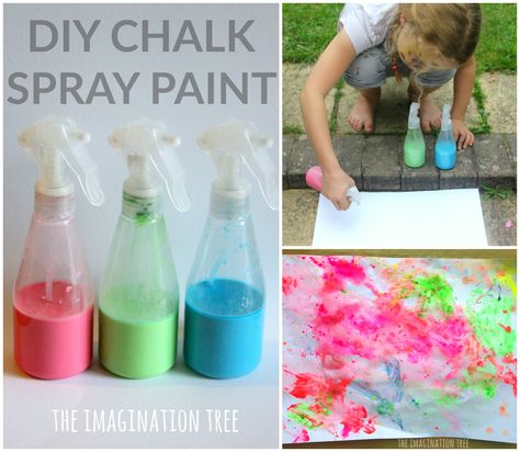 Make some DIY chalk spray paint for some outdoor art and creativity with a fun twist this summer! Such a simple recipe using just three ingredients for hours of playful, creative fun! How to make DIY chalk spray paint: Materials needed: 1 cup Cornflour (Corn Starch) 1 cup warm water Gel food colouring or ready-mixed...Read More » Diy Spray Paint Art, Weather Sensory, Diy Canvas Crafts, Spray Chalk, Chalk Spray Paint, Paint Recipe, Imagination Tree, Color Wheels, Diy Spray Paint