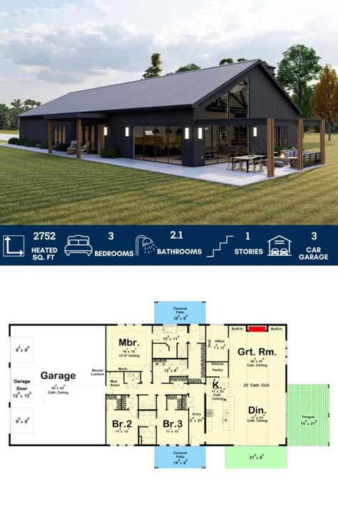 Barndominium Floor Plans With Butler Pantry, Barndominium With 4 Bed And 2.5 Bath, Small Barndominium With Large Garage, Monitor Barn House Floor Plans, 40x60 Pole Barn House Plans With Loft And Garage, Barndominium Plans, Standing Seam Metal Roof, Barn House Design, House Plan Gallery