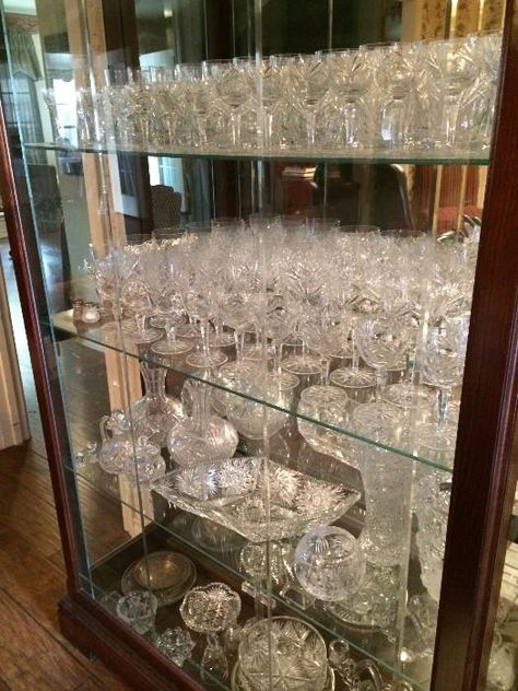 Display cabinet of cut glass, crystal, & glassware   New Divide & Conquer sale starting this Thursday, February 12-14; check out the details here:  http://divideandconquerofeasttexas.com/nextsales.php  #estatesales #consignments #consignment #tyler #tylertx #tylertexas #organizing #organizers #professionalorganizer #professionalorganizers #movingsale #movingsales #moving #sale #divideandconquer #divideandconquerofeasttexas #divideandconquereasttexas #marthadunlap #martha #dunlap How To Display Crystal Glassware China Cabinets, Crystal Cabinet Display, Waterford Crystal Display Ideas, Crystal Glassware Display Ideas, China Cabinet Organization, Crystal Glassware Display, French Dining Rooms, Crystal Display Ideas, Tiara Glassware