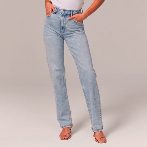 Abercrombie & Fitch Ultra High Rise ’90s Straight Jean High Rise Straight Jeans, Flattering Jeans, High Rise Denim Jeans, Shirt Tucked In, Abercrombie And Fitch Jeans, High Rise Mom Jeans, Light Blue Jeans, Slim Straight Jeans, High Rise Denim