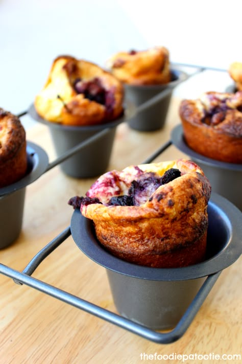 National Blueberry Popover Day | Blueberry Lemon Popovers Popover Recipe, Waffle Day, Yorkshire Pudding, Cookie Cups, Blueberry Recipes, Breakfast Brunch Recipes, Lemon Blueberry, Mini Desserts, Beignets