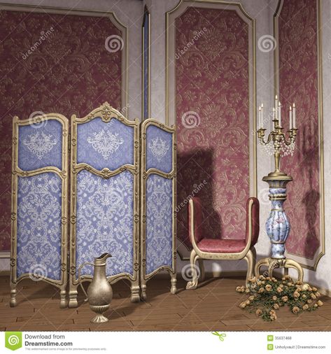 Illustration about Vintage room with a dressing screen, candelabra and roses. Illustration of vase, room, rose - 35637468 Victorian Dressing Room, Dressing Screens, Vintage Dressing Rooms, Interior Screen, Screen Photography, Princess Fantasy, Dressing Screen, Victorian Bedroom, Photo Room