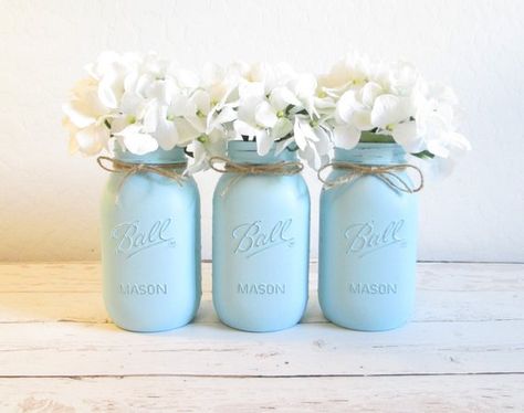 Rustic Baby Shower Decorations, Boy Baby Shower Centerpieces, Cheap Baby Shower, Blue Mason Jars, Mason Jar Centerpieces, Shower Centerpieces, Rustic Baby, Painted Jars, Glass Mason Jars