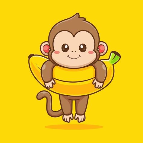 Monkey Cute Drawing, Monkey Animation, Cute Monkey Drawing, Cute Animal Logo, Cute Monkey Cartoon, Banana Monkey, Monkey Hanging, Monkey Icon, Banana Design