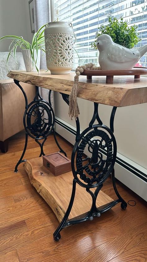 Recycle, Reuse and Repurpose! | New use for sewing machine legs | Facebook Old Sewing Machine Table, Sewing Machine Tables, Sewing Machine Table, Sewing Cabinet, Old Sewing Machines, Sewing Table, Refinishing Furniture, Sewing Machine, Decorating Your Home