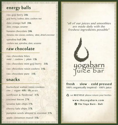 Juice Bar Menu 1 - The Yoga Barn, Ubud - Bali Monday Movie, Juice Bar Menu, Yoga Boutique, Juice Bar Design, Chocolate Raisins, Bali Yoga, Bali Trip, Health Retreat, Soul Care