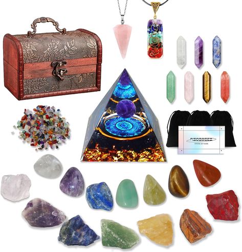 29pcs Healing Crystals Set, Crystals and Gemstones Set 7raw Chakra and 7tumbled Stones, 7bullet Shaped Chakra Stones, 2crystal Necklace, Crystal Pyramid, Crystals and Gemstones,Crystal Gifts Crystal Guide, Reiki Crystals, Crystal Pyramid, Chakra Necklace, 1 Rose, Meditation Yoga, Chakra Crystals, Vintage Box, Chakra Stones