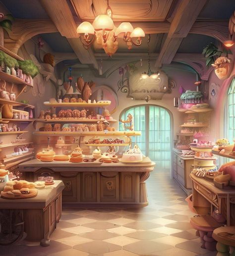 Fantasy Cafeteria, Anime Bakery, Bakery Background, Fantasy Bakery Aesthetic, Dessert Shop Design, Kitchen Fantasy Art, Aesthetic Baking Background, Bakery Art Illustration, Fantasy Cafe