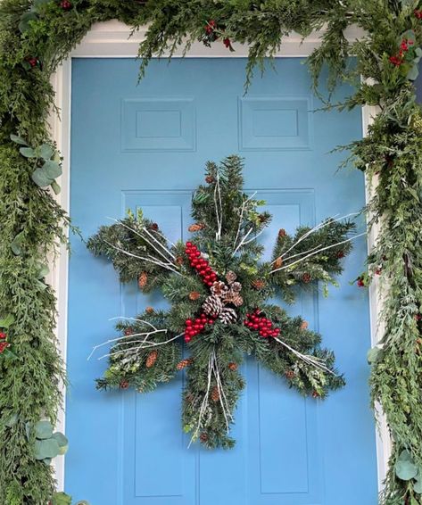 How To Make a Snowflake Wreath DIY for seasonal winter home decor this holiday season. Holiday design on a dime Christmas decor ideas for your front door this winter. I like making something new and different for my front door for the holidays, and instead of a traditional wreath or swag, I used the unique shape of a snowflake but the traditional evergreen boughs to create this lovely front door display. DIY Christmas wreath ideas for the holidays. Snowflake Swag, Make A Snowflake, Elegant Christmas Wreath, Easy Wreath, How To Make Snowflakes, Door Display, Traditional Wreath, Snowflake Wreath, Easy Diy Wreaths