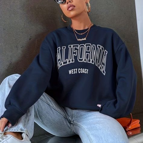 Alphabets Navy Blue Polyester Female Hoodie, Rich Clothes, Dropped Shoulder Sweatshirt, Sporty And Rich, Branded Sweatshirts, Zip Up Hoodies, Denim Jacket Women, Cute Sweaters, Print Sweatshirt