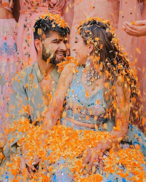 S M E R E Drenched in love, laughter, and marigolds! This couple kicked off their forever with a vibrant Haldi ceremony, the bride stunning in sapphire blue and the groom a perfect match. 💙 . . Shot by: @safarnamafilms . wedding, love, Haldi ceremony, sapphire blue, bride and groom, wedding photography, vibrant, couple goals, wedding inspiration, wedding ceremony, Indian wedding, marigolds Haldi Ceremony Groom, Haldi Ceremony Couple, Groom Haldi, Groom Wedding Photography, Blue Bride, Yellow Hues, Haldi Ceremony, June 19, Wedding Pics