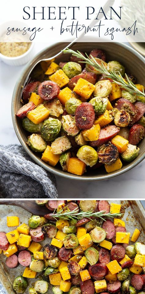 This sausage and butternut squash is tossed in a flavorful rosemary honey mustard sauce and roasted entirely on only one sheet pan in minutes. Sausage And Butternut Squash, Butternut Squash Sausage, Sheet Pan Sausage, Rosemary Honey, Calories In Vegetables, Honey Mustard Salmon, Roasted Sprouts, Sheet Pan Dinners Recipes, Pan Dinners