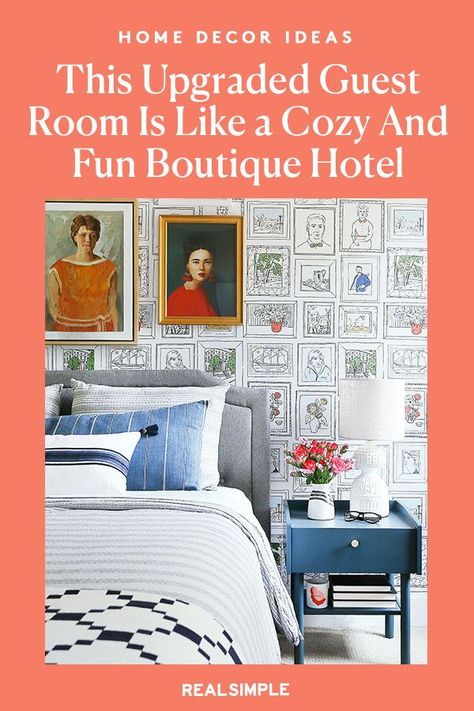 Space of the Week: This Picture-Perfect Guest Room Features Our New Favorite Wallpaper | When designing her guest room, Erin Wheeler wanted an eclectic and layered coziness of a boutique hotel. She wanted the decor to make people smile; a unique wallpaper inspired by her love of vintage art does just that. Get inspired by her guestroom makeover and refresh your space with these essentials! #realsimple #bedroomdecor #bedroominspo #decorideas #details Wallpaper Application, Cheap Office Decor, Cheap Kitchen Decor, Decor Plants, Minimalist Home Interior, Rustic Nursery, Yellow Bedroom, Decor Themes, Classic Home Decor