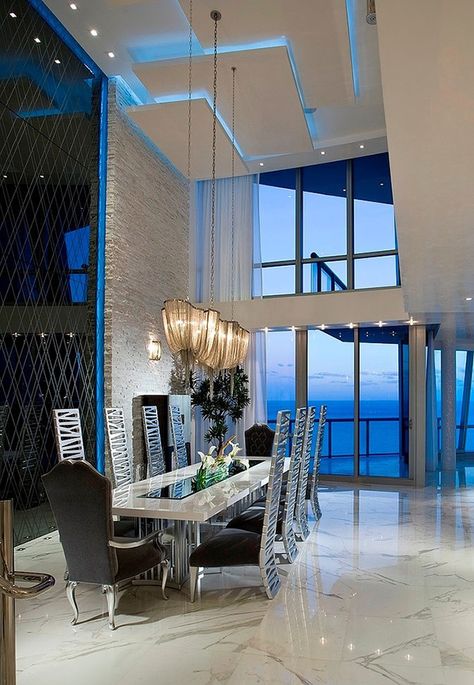 Sumptuous Jade Ocean Penthouse in Sunny Isles Beach, Florida Florida Penthouse, Glam Dining, Luxury Penthouse, Ceiling Light Design, Contemporary Dining Room, The Dining Room, Florida Usa, Modern Dining Room, Dining Room Design