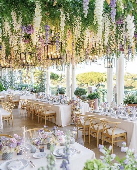 Wildflower Wedding Theme, Wedding Ceiling, Dinner Setting, Indoor Wedding Receptions, Spring Garden Wedding, Garden Wedding Reception, Dream Wedding Decorations, Wedding Reception Flowers, Luxury Destination Wedding