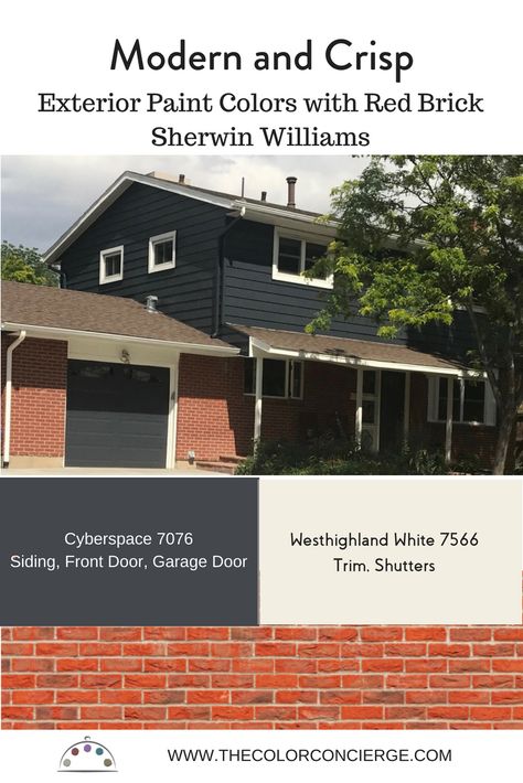 Best exterior paint colors red brick homes, sherwin williams, cyberspace, westhighland white Sherwin Williams Cyberspace Exterior, Cyberspace Sherwin Williams Exterior, Red Brick Exterior Color Schemes, Paint Colors With Red Brick, Red Brick Homes, Best Exterior Paint Colors, Colors With Red Brick, Red Brick House Exterior, Red Brick Exteriors