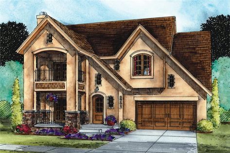 Front elevation of French home (ThePlanCollection: House Plan #120-2505) Future Architect, Stacked Porches, Cottage Remodel, French Country House Plans, Monster House Plans, House Plans And More, Traditional House Plan, Country Style House Plans, European House