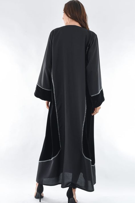 NS-1129-2 Open Abaya Style, Embellished Abaya, Velvet Abaya, Denim Abaya, Abaya Pattern, Casual Abaya, Kaftan Dresses, Velvet Sleeve, Black Abaya