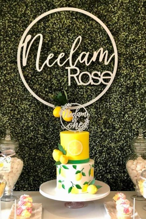 Lemon Birthday Theme, Lemon Birthday Cake, Lemon Birthday Cakes, 1st Bday Party, Lemonade Stand Birthday, Lemon Themed Party, Lemon Birthday, 1st Birthday Party For Girls, Lemonade Party