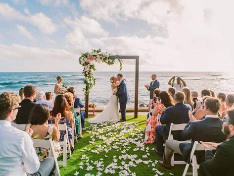 Affordable Wedding Venues in Hawaii Beach House Restaurant Kauai, Wedding Cake Red Velvet, Tropical Wedding Arch, Colorful Flowers Bouquet, Aisle Arch, Coral Bridesmaids, Beach House Kauai, Boho Themed Wedding, Hawaii Wedding Venues