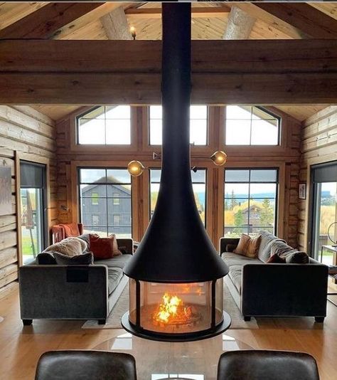 Double Sided Fireplace Living Room Ideas, Round Fireplace Indoor, Circle Fireplace, Modern Farmhouse Fireplace Ideas, Round Fireplace, Farmhouse Fireplace Ideas, Modern Farmhouse Fireplace, Rustic Stone Fireplace, Wood Burning Stoves Living Room