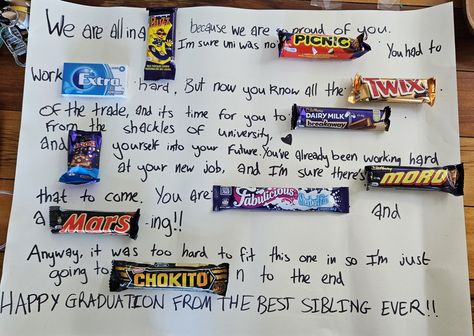 Poster congratulating graduating student, some words replaced with chocolate bars. Chocolate Bar Poem, Gift With Chocolate, Graduation Chocolate, Bar Quotes, Chocolate Bar Card, Bar Card, Bar Poster, Dairy Milk, Chocolate Bar