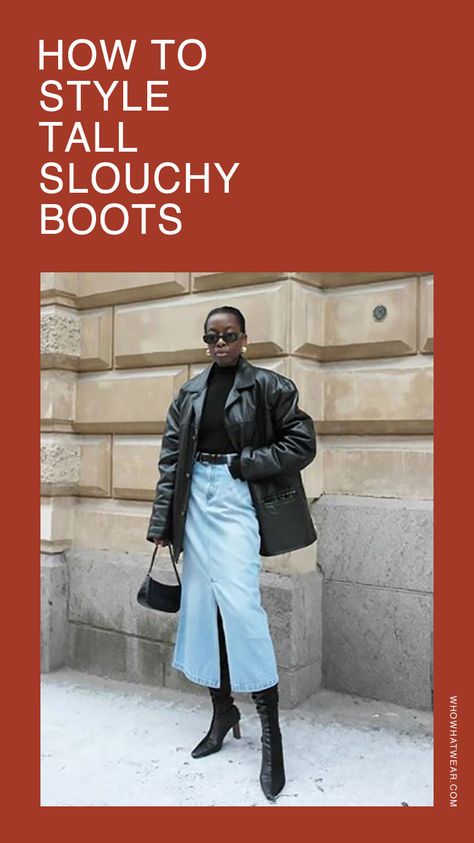 How to style slouchy boots Slouch Boots Outfit, Tall Slouchy Boots, Slouchy Boots Outfit, Green Boots Outfit, Ribbed Turtleneck Top, White Leather Boots, High Boots Outfit, Green Boots, Slouchy Boots