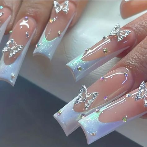 Faster shipping. Better service Fake Nails White, White French Tip, Butterfly Nail Art, Nails For Women, Butterfly Nail, Stick On Nails, Nail Art Hacks, Rhinestone Designs, Nails Inspo